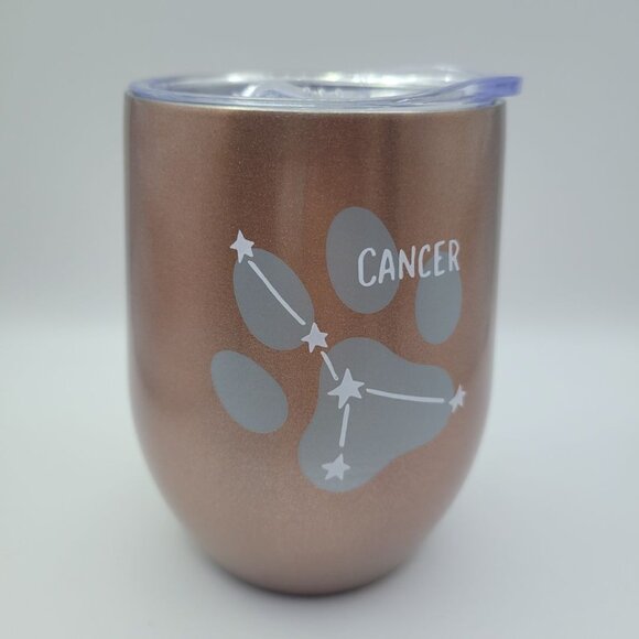 Dog Mom Cancer Wine Tumbler Short Rose Gold Shiny Astrology Sign Stars Paws - Picture 2 of 10